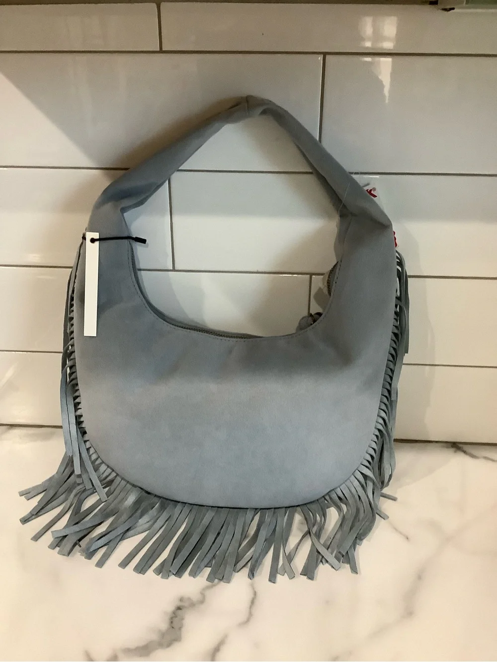 Light Blue Suede Fringe Hobo Bag